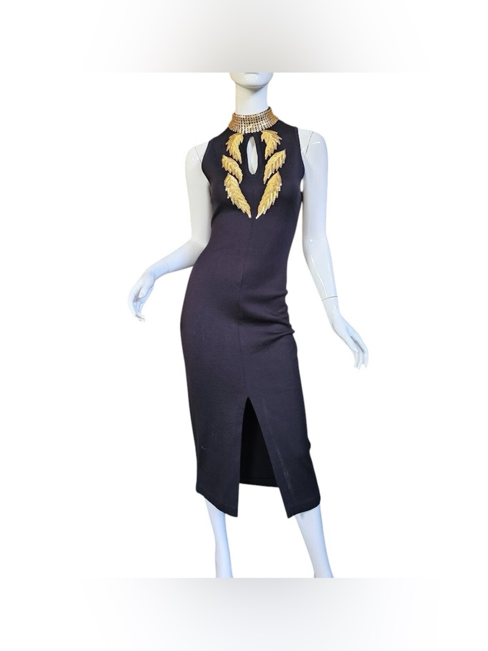 Bob Mackie Grecian Appliqué Sequin Leaf Choker Keyhole Cocktail Maxi Dres - Picture 6 of 13